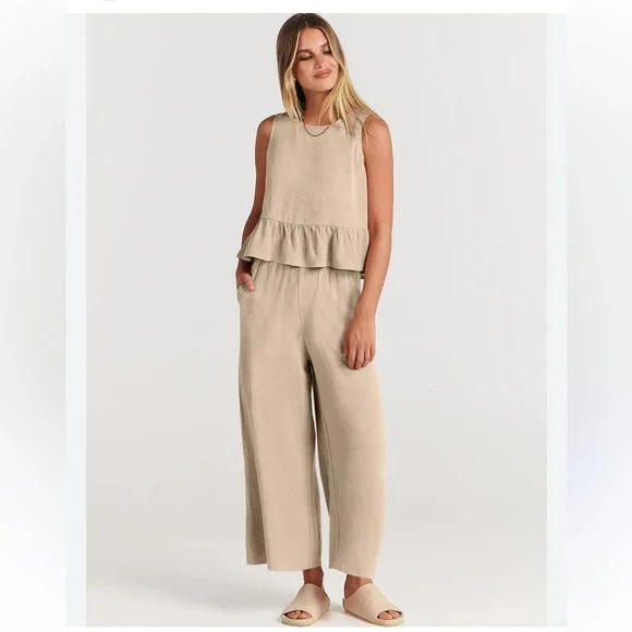 Tan 2 piece Linen Vacation Set NWOT SIZE M - Picture 5 of 8